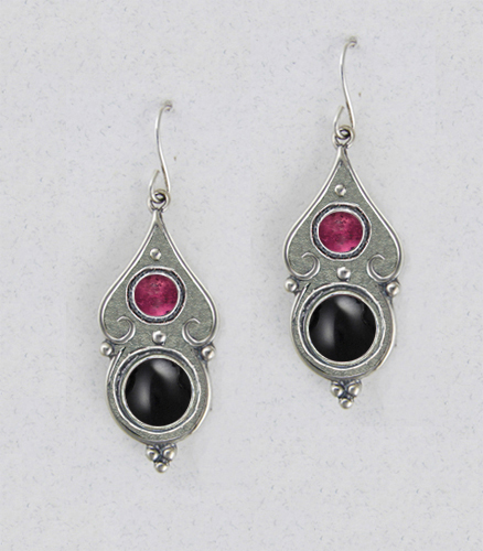 Sterling Silver Black Onyx And Pink Tourmaline Gemstone Drop Dangle Earrings